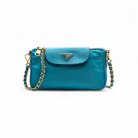 Prada Nylon and Leather Chain Shoulder Bag in Turquoise Blue - New $2250 - Picture 1 of 9